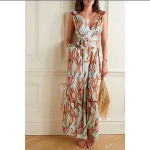 PatBO Peace Lily Print Plunge Jumpsuit, Size 8, Aqua Green/Blush Pink/Tan